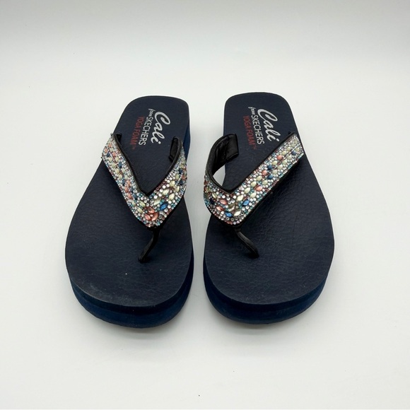Skechers Cali Yoga Vinyasa Wild Daises Wedge Thong Sandals Rhinestone Navy Sz 9 - Picture 3 of 7